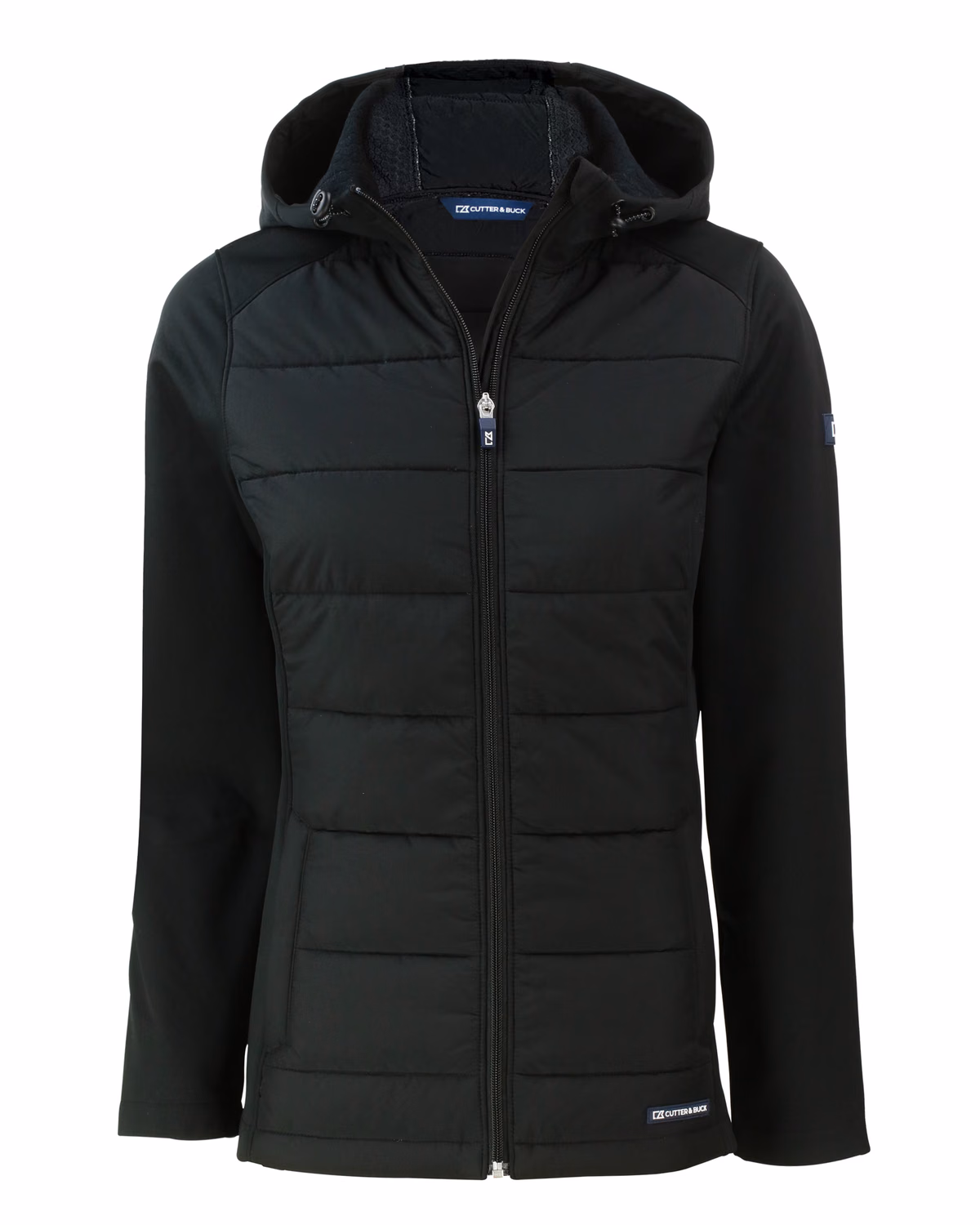 Custom Cutter & Buck Evoke Recycled Honeycomb Fleece Womens Hybrid Full Zip Jacket — Black flat front