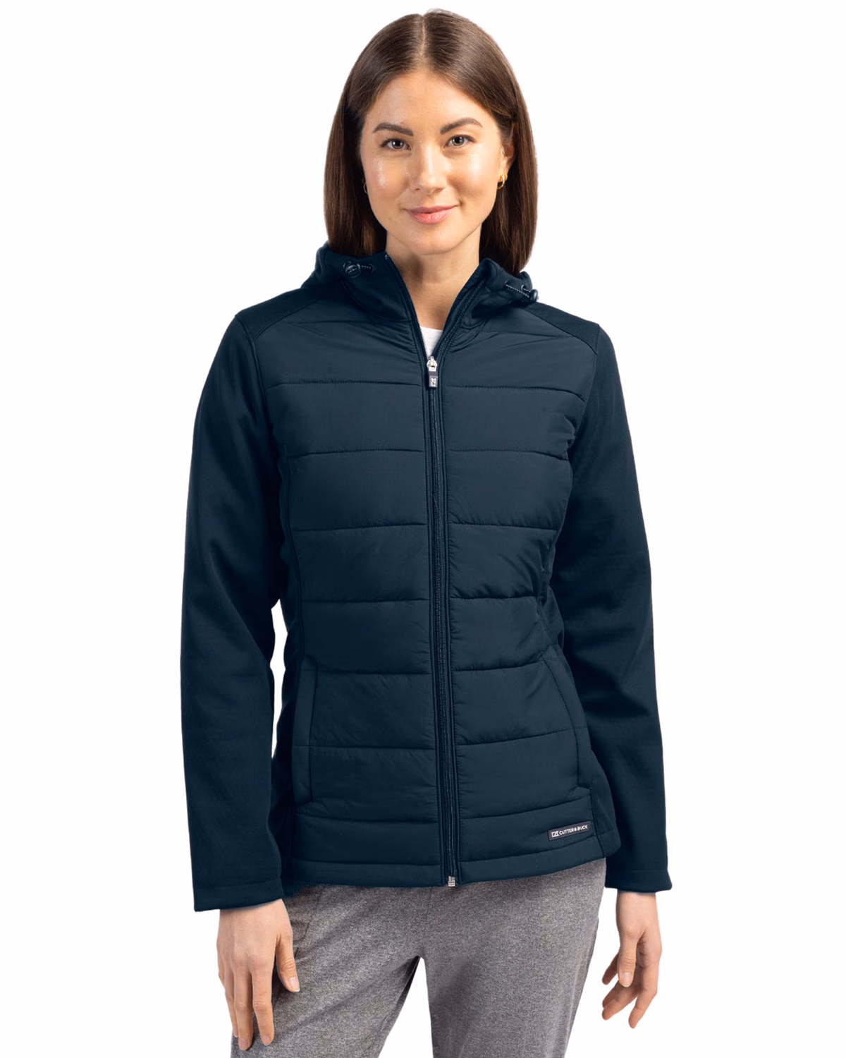 Custom Cutter & Buck Evoke Recycled Honeycomb Fleece Womens Hybrid Full Zip Jacket — Navy Blue front