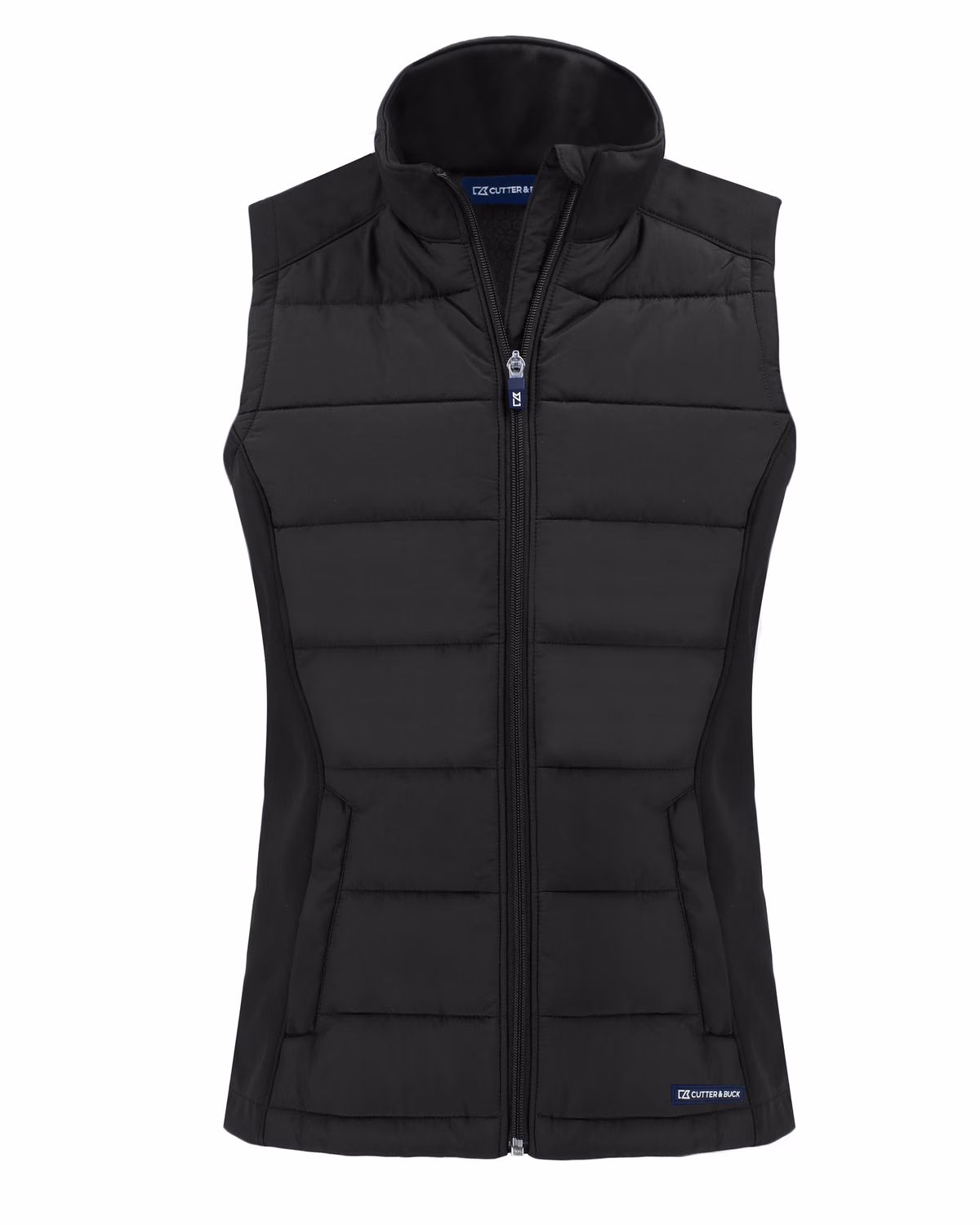 Custom Cutter & Buck Evoke Recycled Honeycomb Fleece Womens Hybrid Full Zip Vest — Black flat front