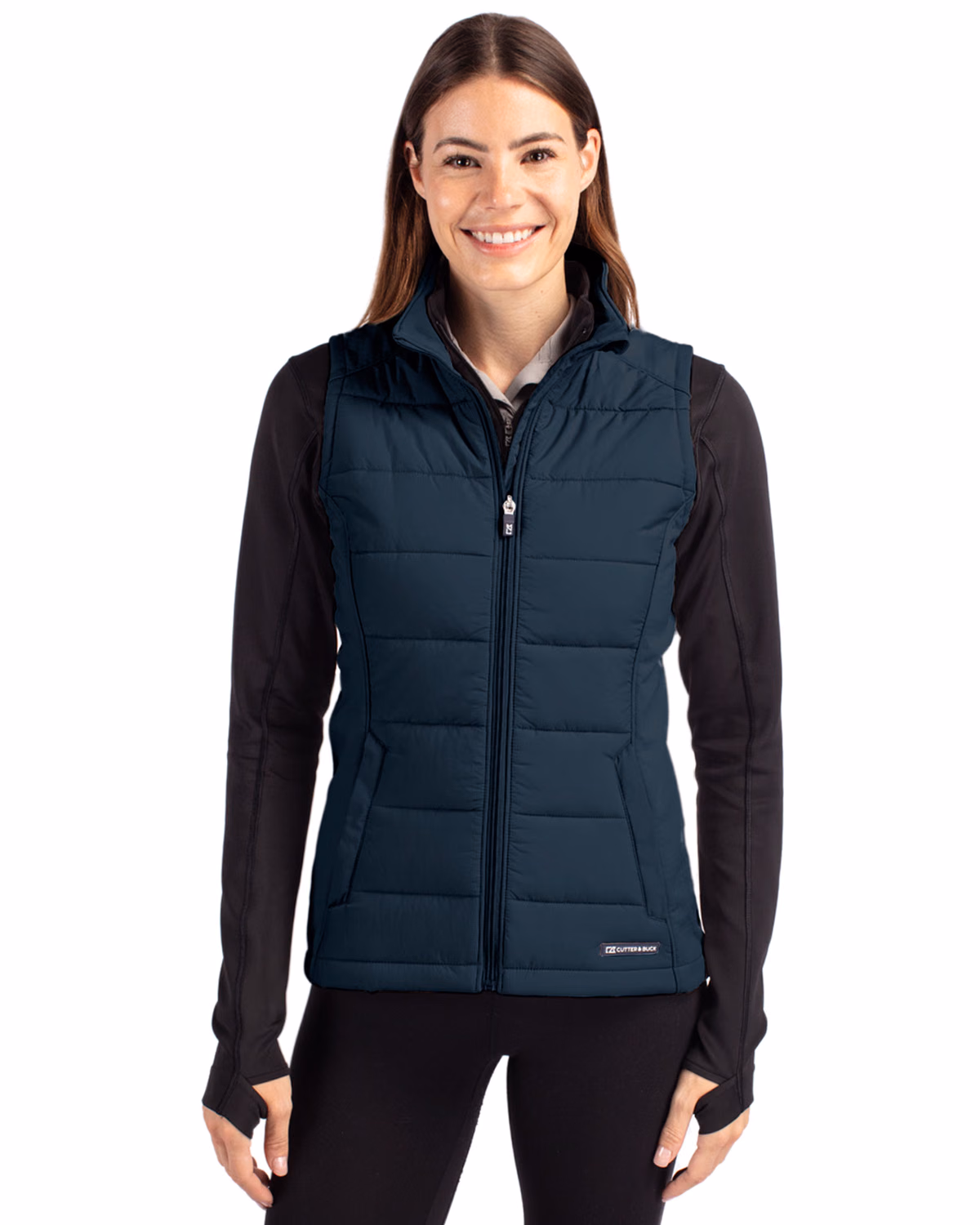 Custom Cutter & Buck Evoke Recycled Honeycomb Fleece Womens Hybrid Full Zip Vest — Navy Blue front