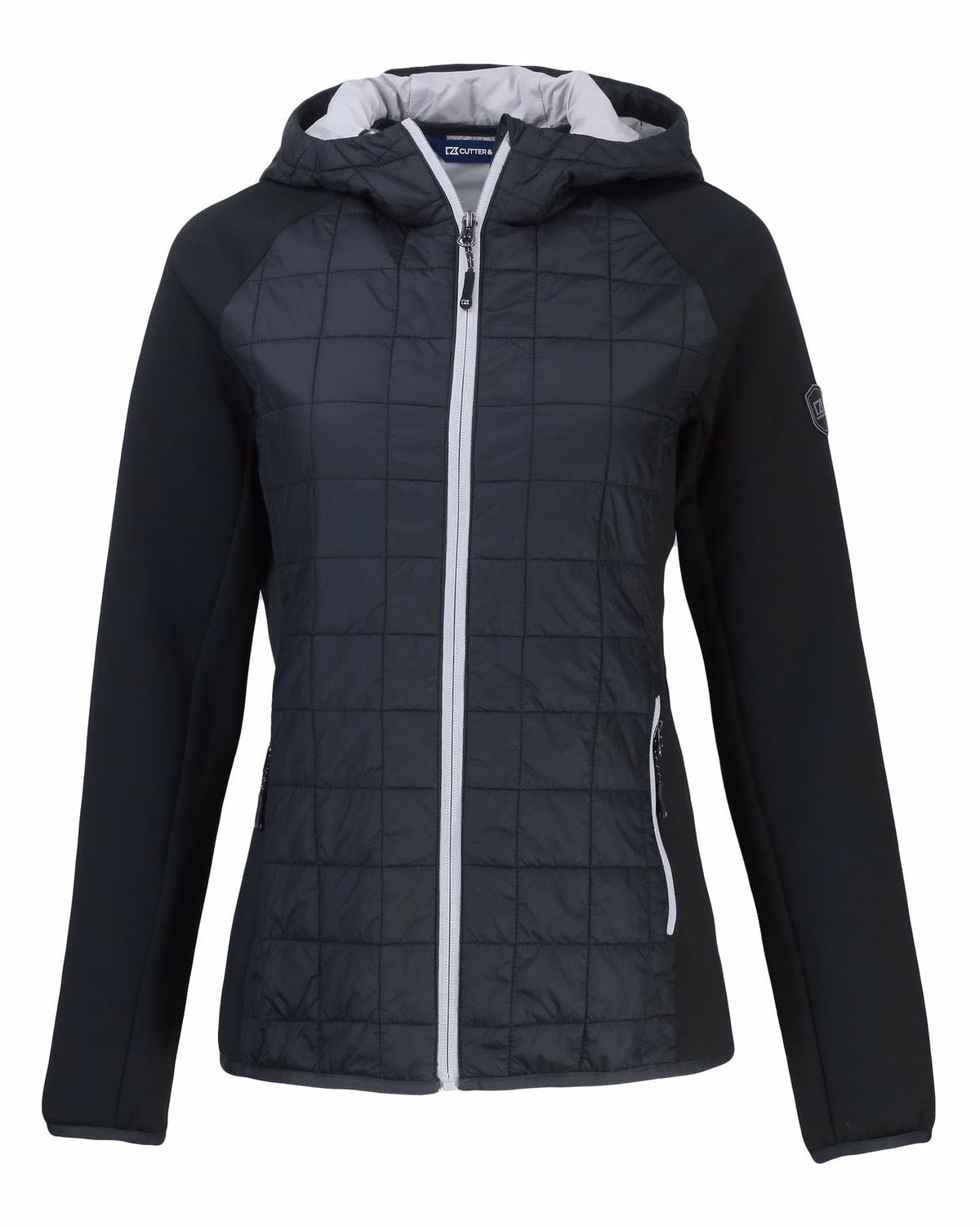 Custom Cutter & Buck Rainier Recycled Insulated Hybrid Puffer Womens Full Zip Jacket — Black flat front