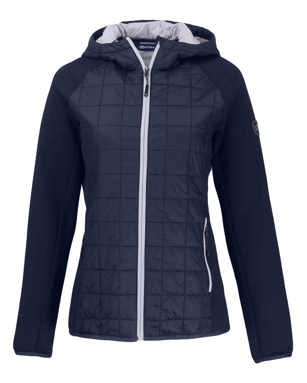 Custom Cutter & Buck Rainier Recycled Insulated Hybrid Puffer Womens Full Zip Jacket — Dark Navy flat front