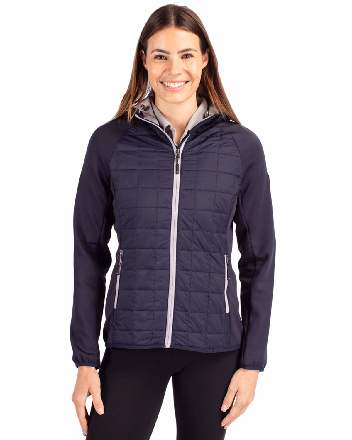 Custom Cutter & Buck Rainier Recycled Insulated Hybrid Puffer Womens Full Zip Jacket — Dark Navy front
