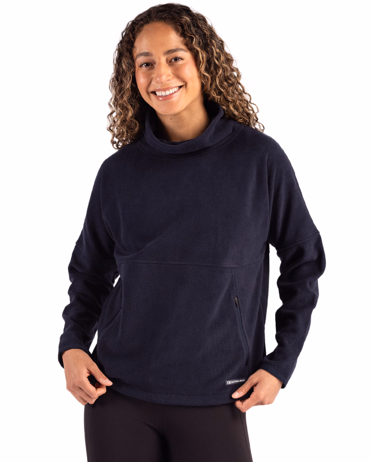 Custom Cutter & Buck Woodland Epic Versatility Recycled Fleece Womens Funnel Neck Pullover Jacket — Navy Blue front