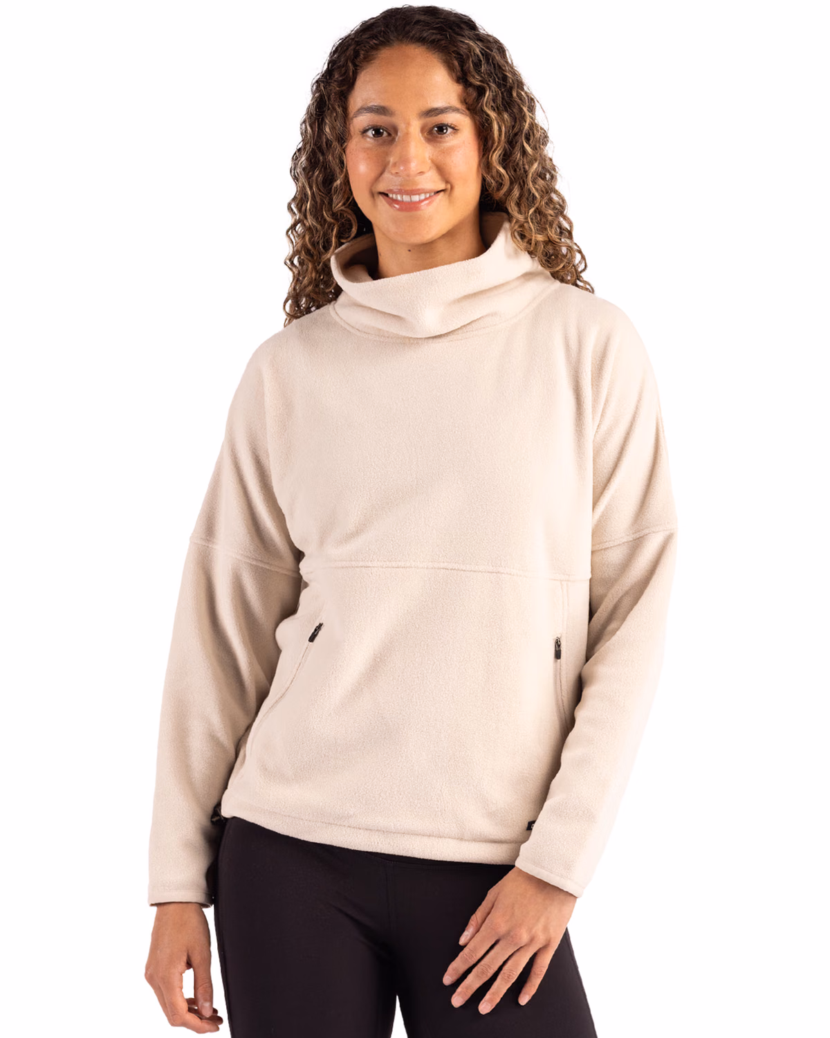 Custom Cutter & Buck Woodland Epic Versatility Recycled Fleece Womens Funnel Neck Pullover Jacket — Wheat front
