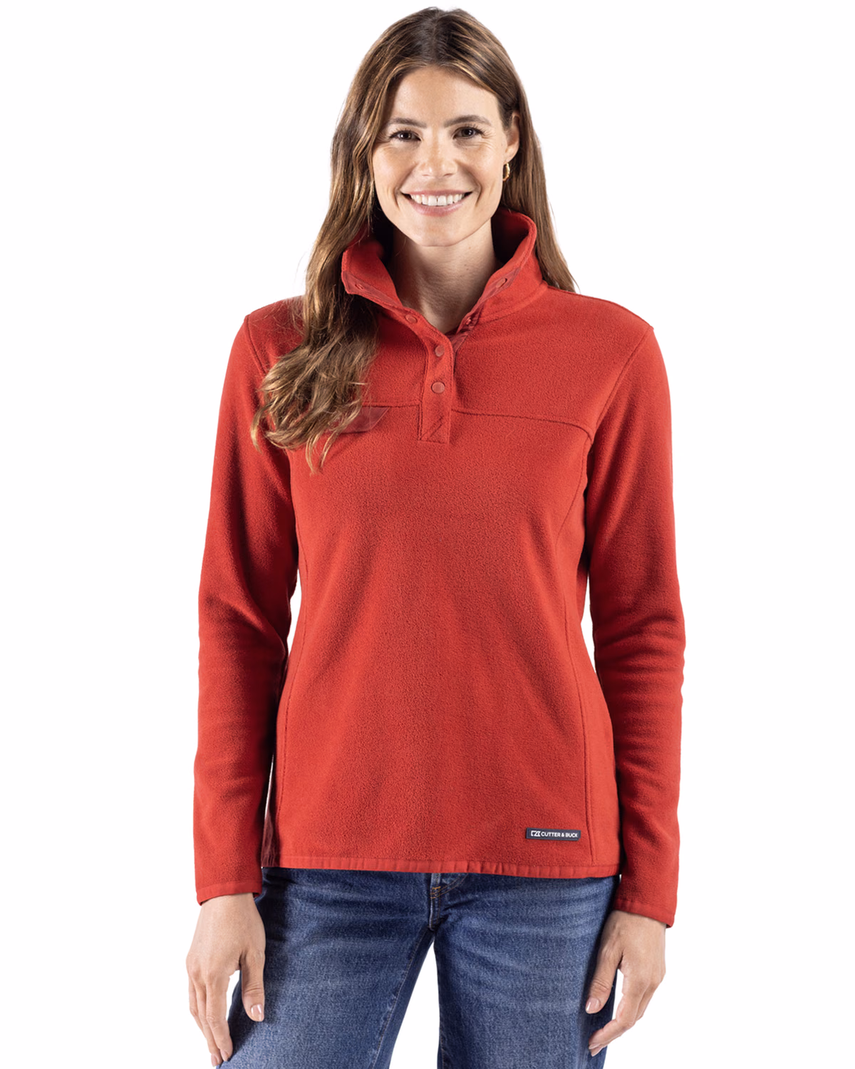 Custom Cutter & Buck Woodland Epic Versatility Recycled Fleece Womens Snap Pullover Jacket — Cardinal Red front