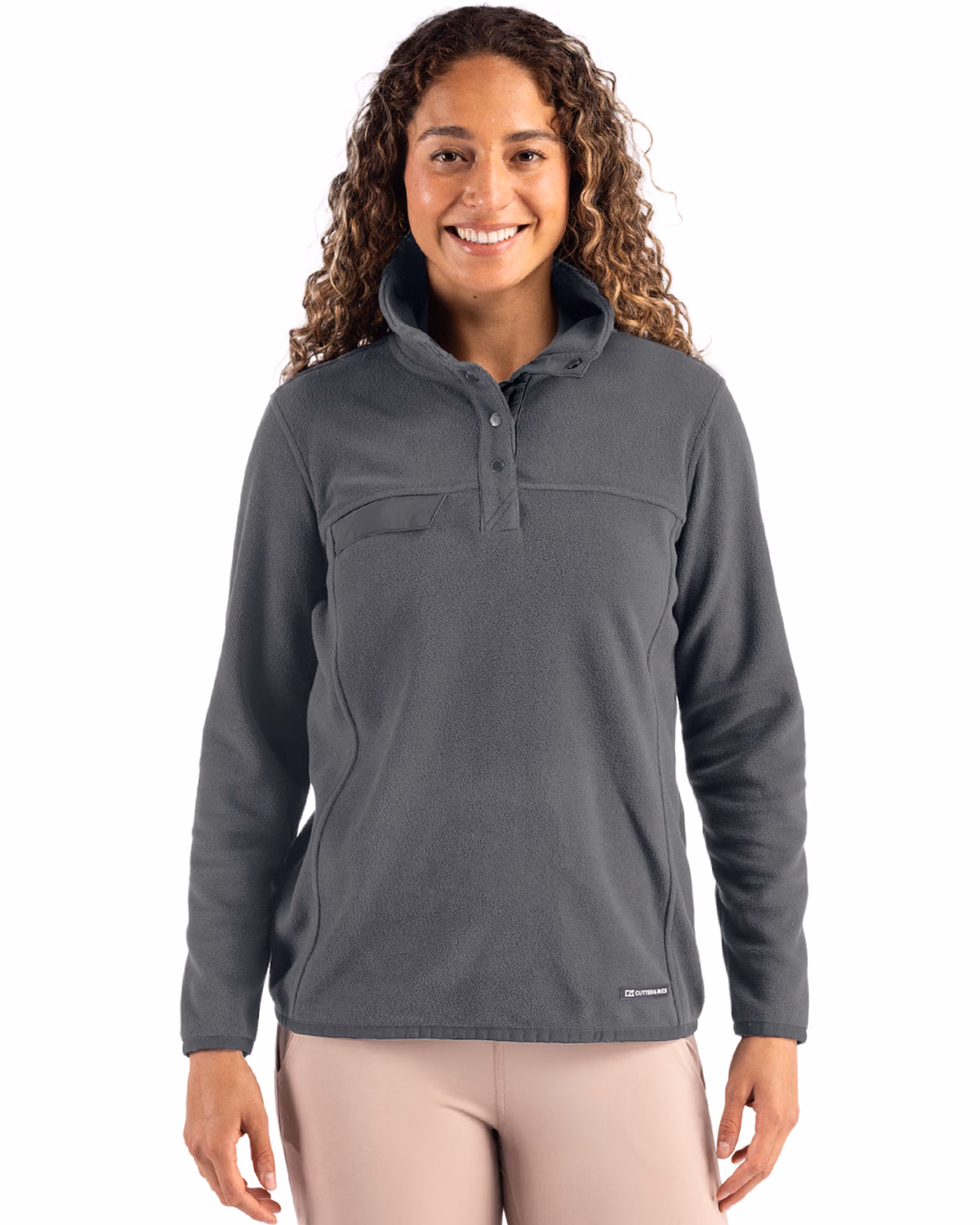 Custom Cutter & Buck Woodland Epic Versatility Recycled Fleece Womens Snap Pullover Jacket — Elemental Grey front