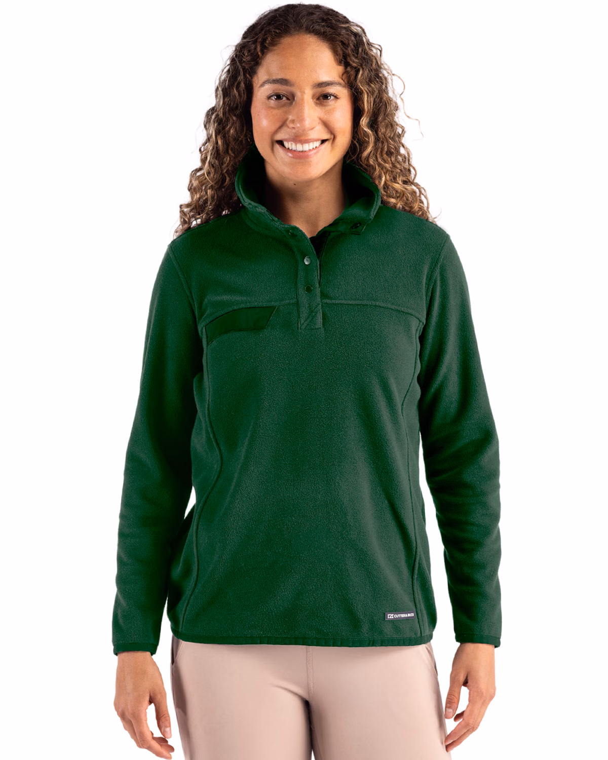 Custom Cutter & Buck Woodland Epic Versatility Recycled Fleece Womens Snap Pullover Jacket — Hunter front