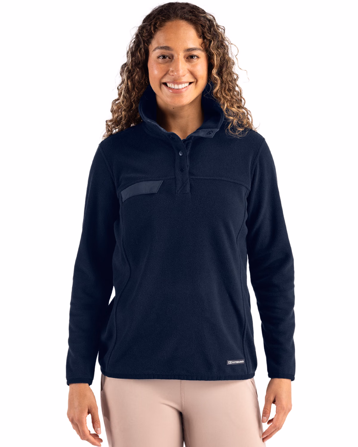 Custom Cutter & Buck Woodland Epic Versatility Recycled Fleece Womens Snap Pullover Jacket — Navy Blue front