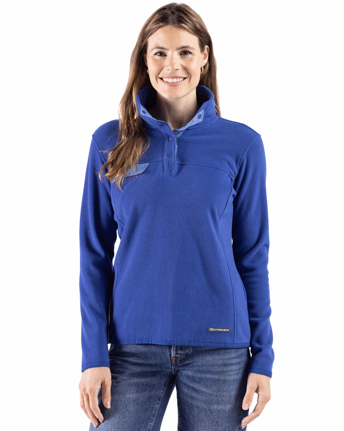 Custom Cutter & Buck Woodland Epic Versatility Recycled Fleece Womens Snap Pullover Jacket — Tour Blue front