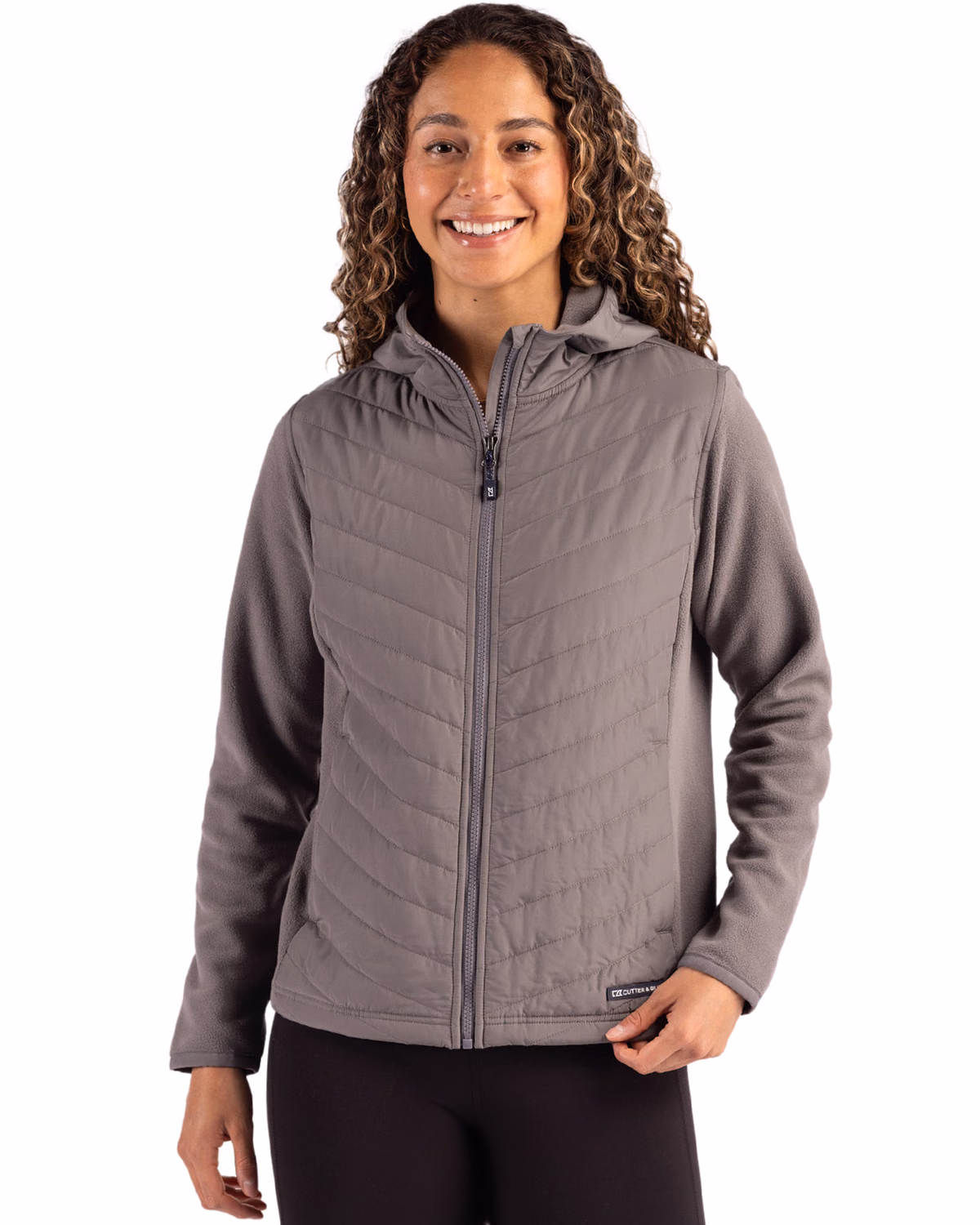 Custom Cutter & Buck Woodland Epic Versatility Recycled Insulated Fleece Womens Hooded Full Zip Jacket — Elemental Grey front