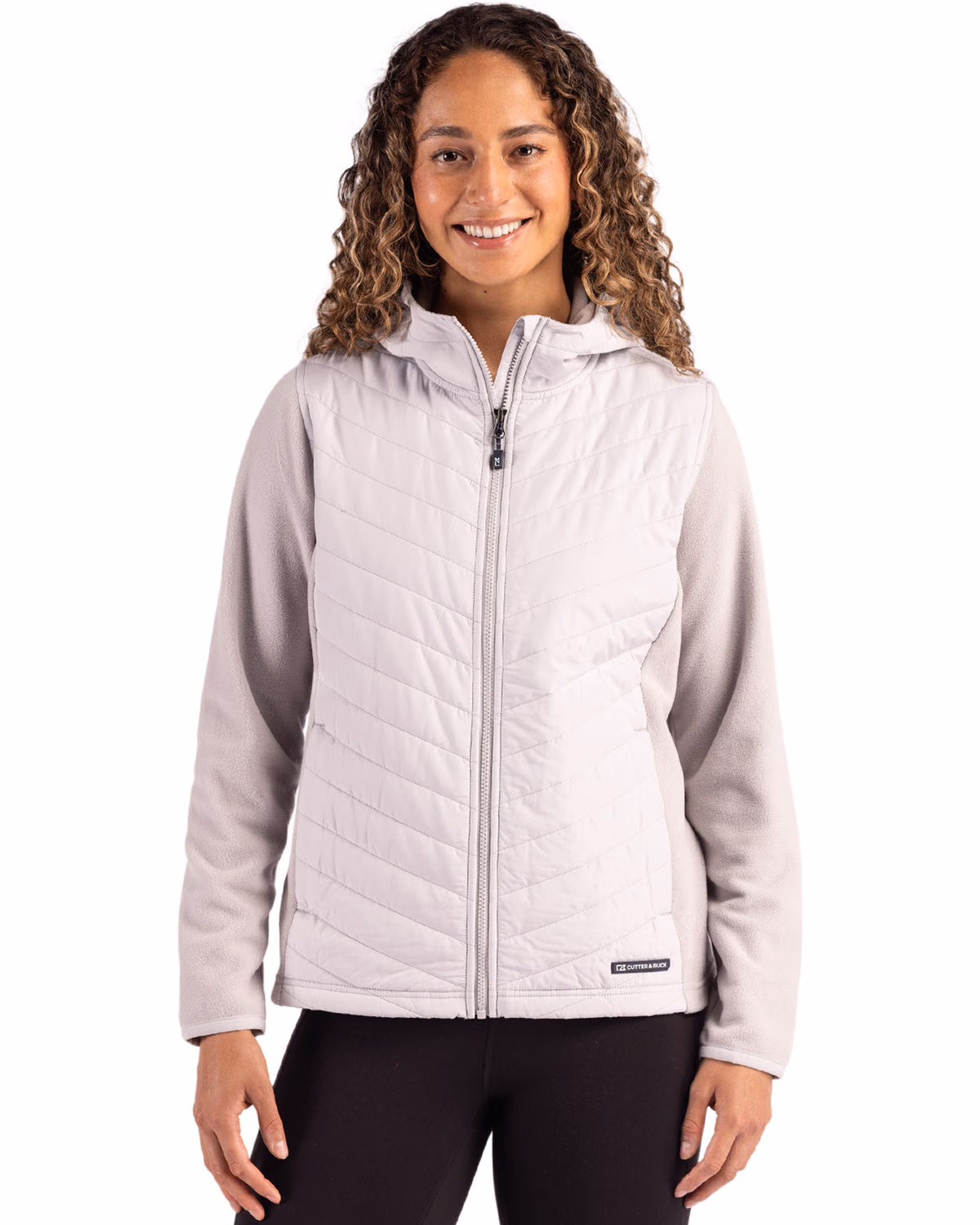 Custom Cutter & Buck Woodland Epic Versatility Recycled Insulated Fleece Womens Hooded Full Zip Jacket — Solitaire front