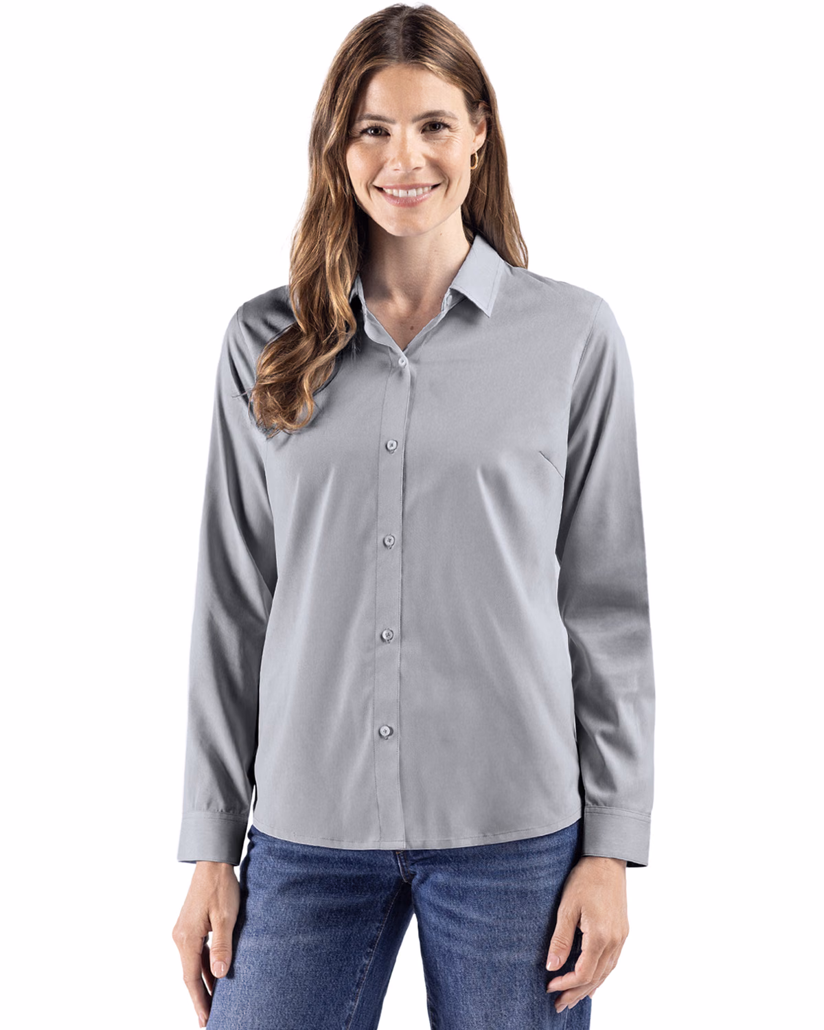Custom Cutter & Buck Skyline End on End Recycled Long Sleeve Womens Dress Shirt — Black front