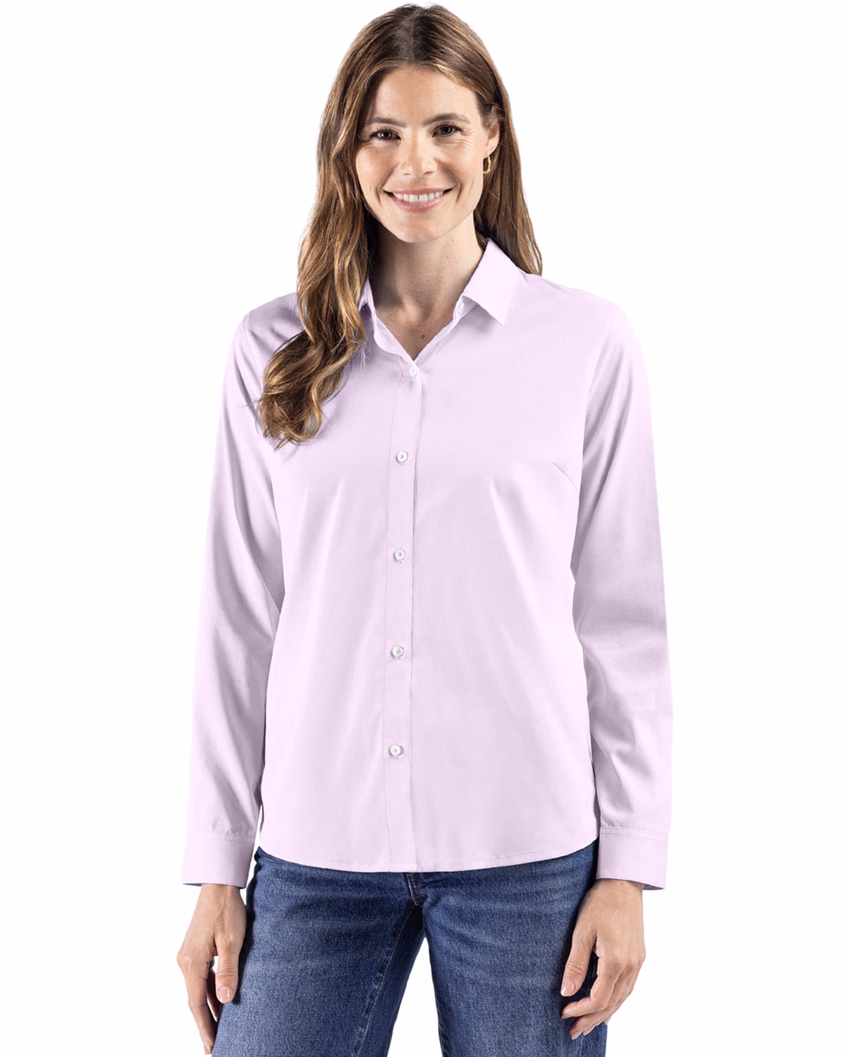 Custom Cutter & Buck Skyline End on End Recycled Long Sleeve Womens Dress Shirt — College Purple front