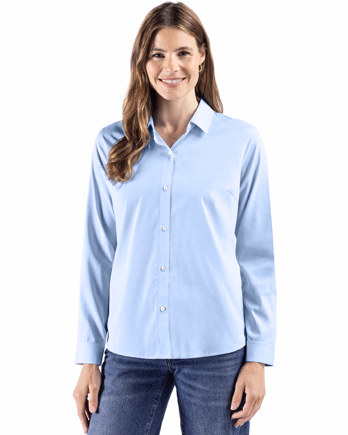 Custom Cutter & Buck Skyline End on End Recycled Long Sleeve Womens Dress Shirt — Tour Blue front