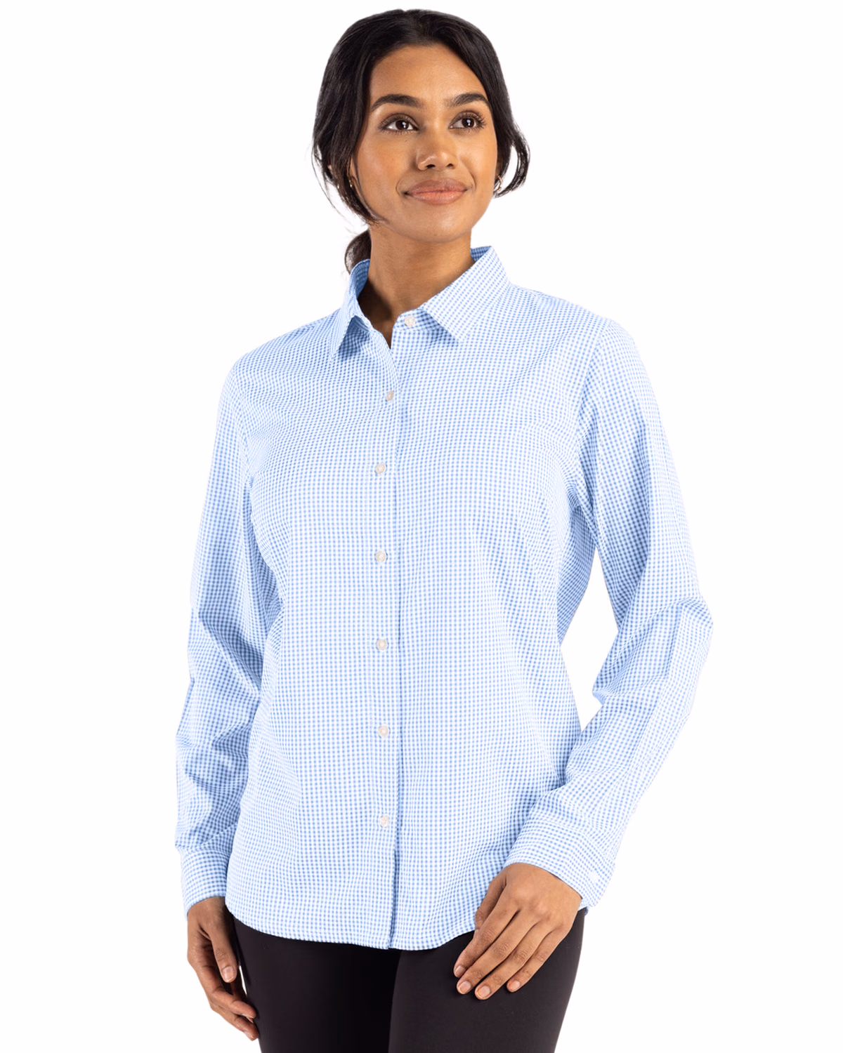 Custom Cutter & Buck Skyline Recycled Gingham Womens Long Sleeve Spread Collar Dress Shirt