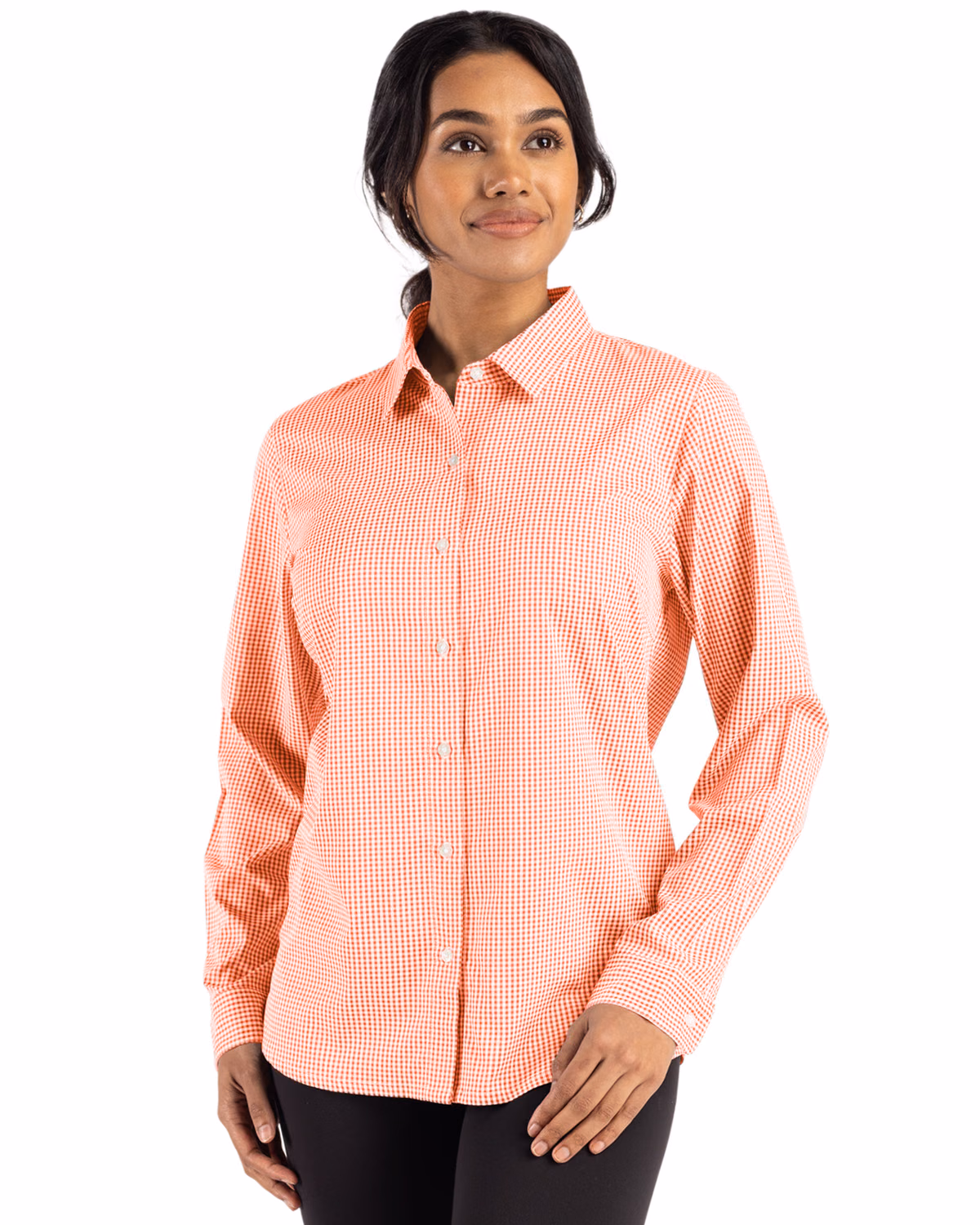 Custom Cutter & Buck Skyline Recycled Gingham Womens Long Sleeve Spread Collar Dress Shirt — College Orange/White front