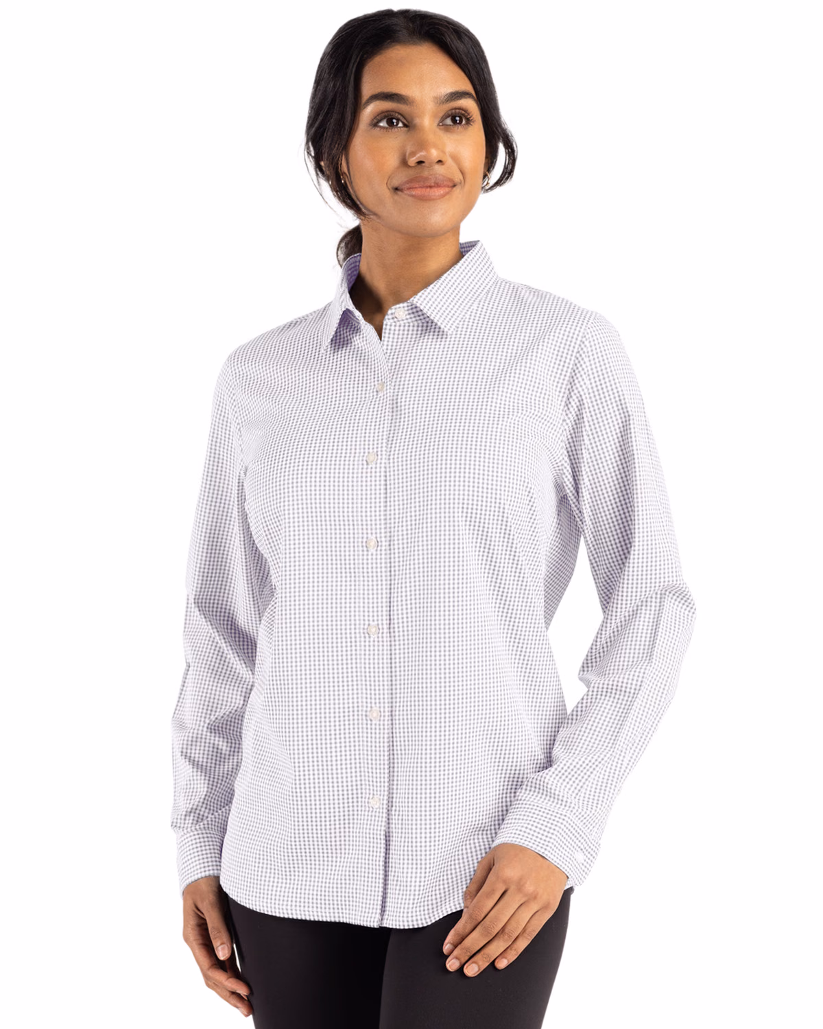 Custom Cutter & Buck Skyline Recycled Gingham Womens Long Sleeve Spread Collar Dress Shirt — CONCRETE/White front