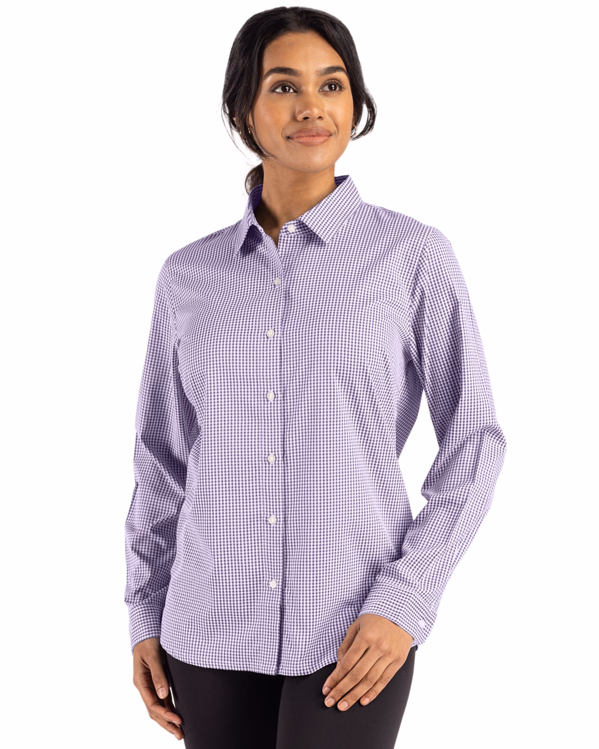Custom Cutter & Buck Skyline Recycled Gingham Womens Long Sleeve Spread Collar Dress Shirt — College Purple/White front