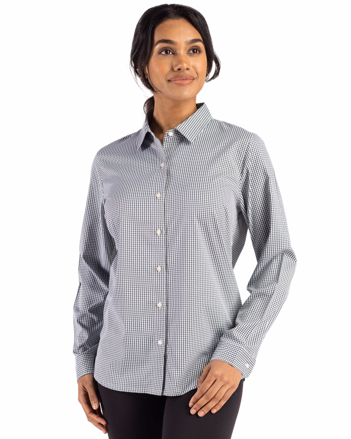 Custom Cutter & Buck Skyline Recycled Gingham Womens Long Sleeve Spread Collar Dress Shirt — Hunter/White front