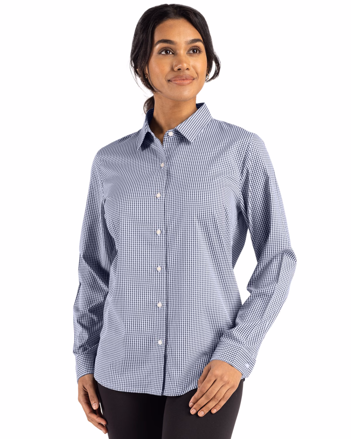 Custom Cutter & Buck Skyline Recycled Gingham Womens Long Sleeve Spread Collar Dress Shirt — Navy Blue/White front