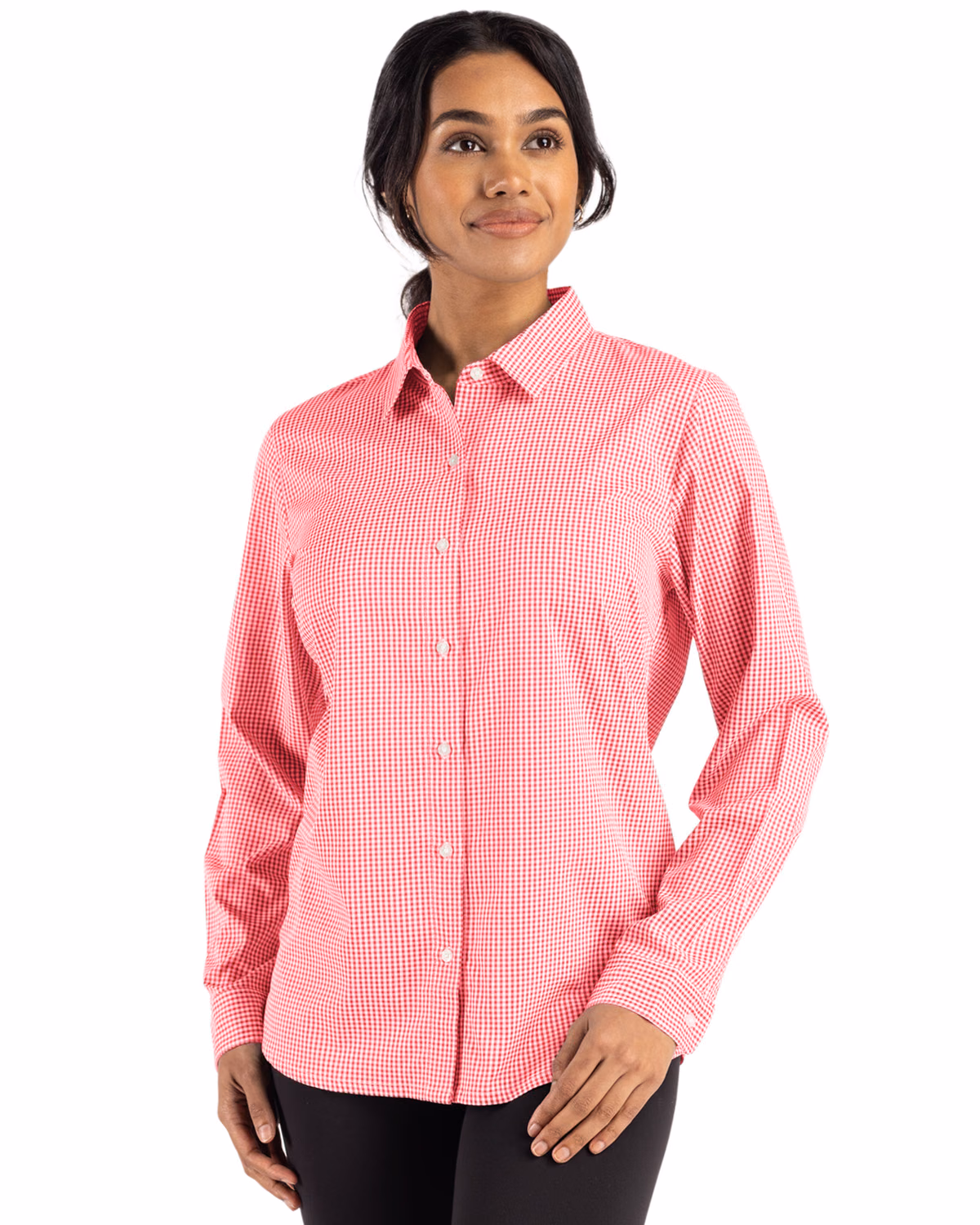 Custom Cutter & Buck Skyline Recycled Gingham Womens Long Sleeve Spread Collar Dress Shirt — Red/White front