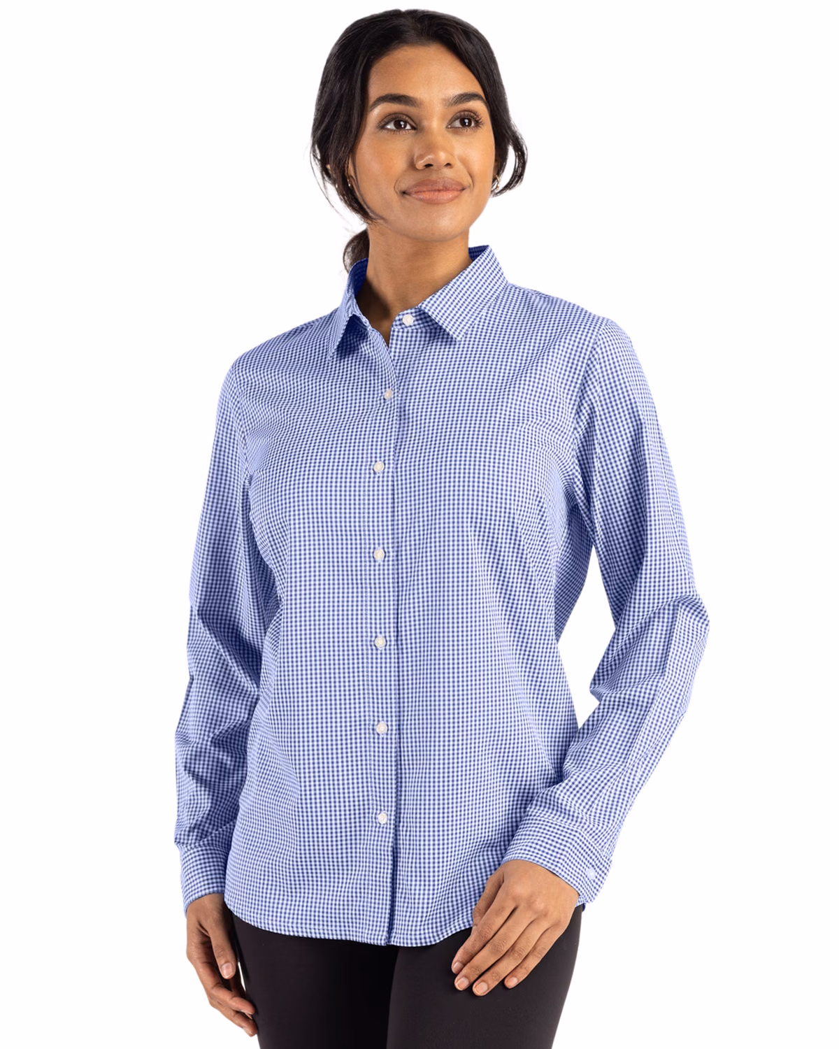 Custom Cutter & Buck Skyline Recycled Gingham Womens Long Sleeve Spread Collar Dress Shirt — Tour Blue/White front