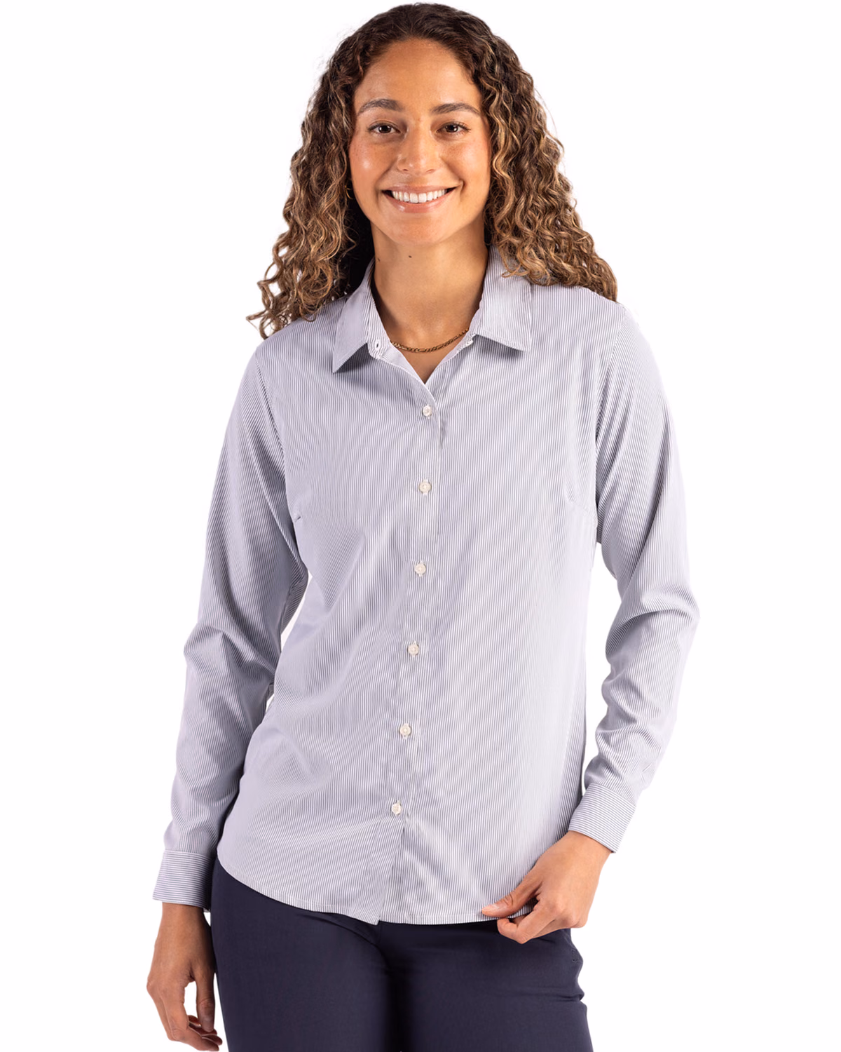 Custom Cutter & Buck Skyline Recycled Pinstripe Womens Long Sleeve Spread Collar Dress Shirt