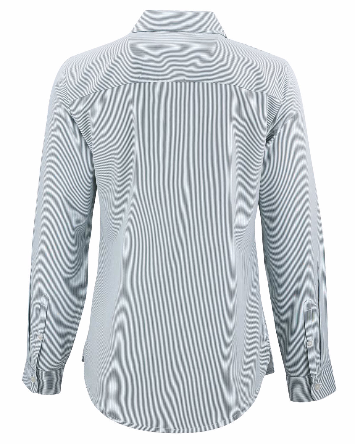 Custom Cutter & Buck Skyline Recycled Pinstripe Womens Long Sleeve Spread Collar Dress Shirt — Hunter/White flat front