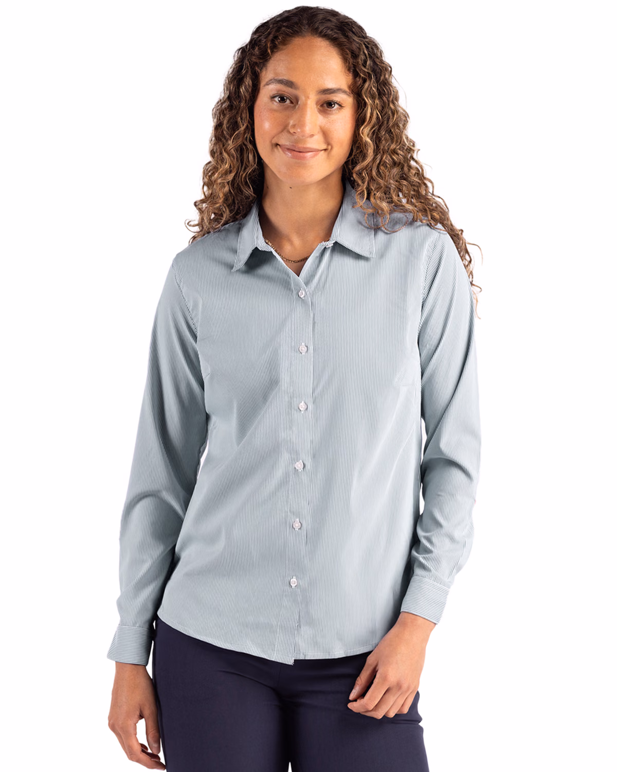 Custom Cutter & Buck Skyline Recycled Pinstripe Womens Long Sleeve Spread Collar Dress Shirt — Hunter/White front