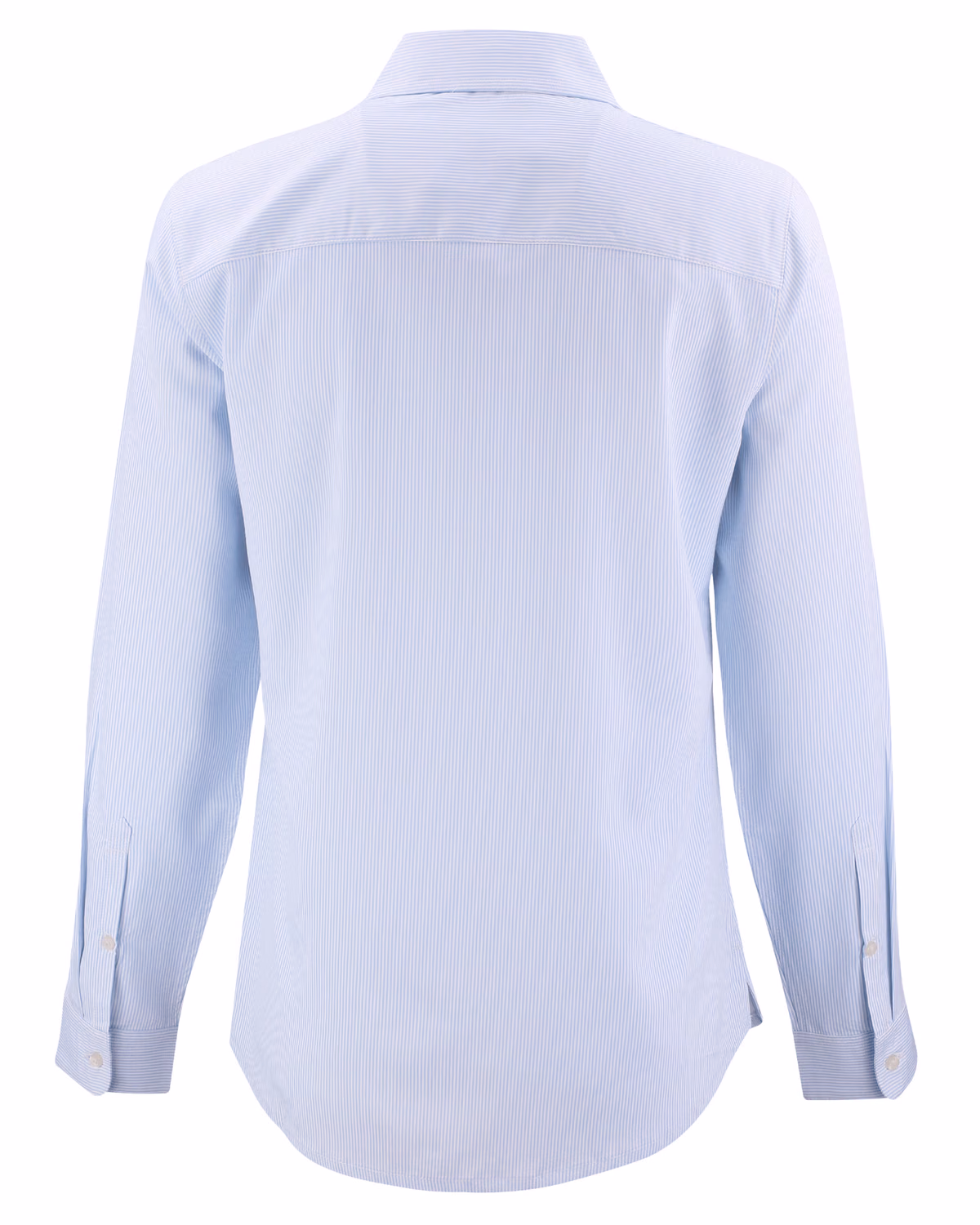 Custom Cutter & Buck Skyline Recycled Pinstripe Womens Long Sleeve Spread Collar Dress Shirt — Pale Blue/White flat front