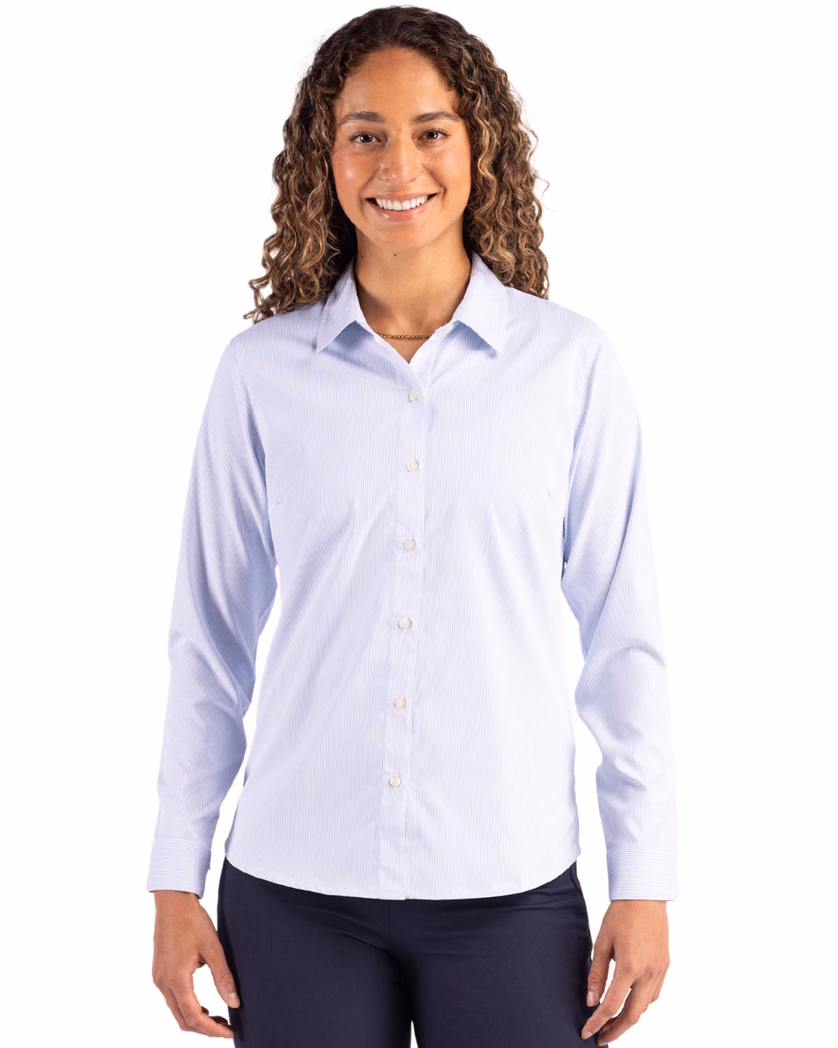Custom Cutter & Buck Skyline Recycled Pinstripe Womens Long Sleeve Spread Collar Dress Shirt — Pale Blue/White front