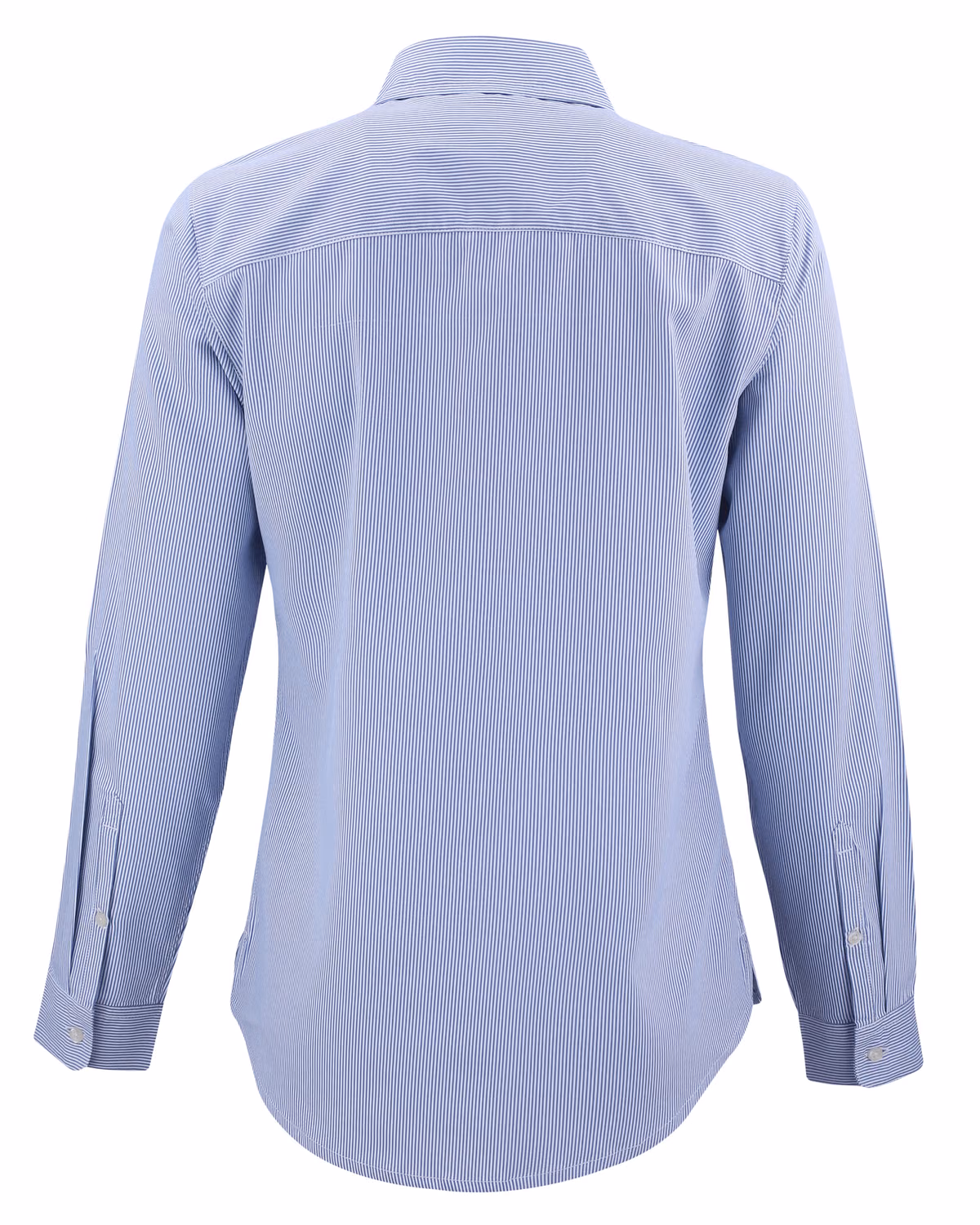 Custom Cutter & Buck Skyline Recycled Pinstripe Womens Long Sleeve Spread Collar Dress Shirt — Tour Blue/White flat front
