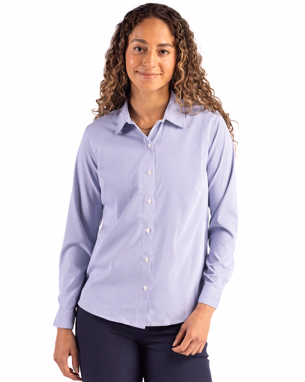 Custom Cutter & Buck Skyline Recycled Pinstripe Womens Long Sleeve Spread Collar Dress Shirt — Tour Blue/White front