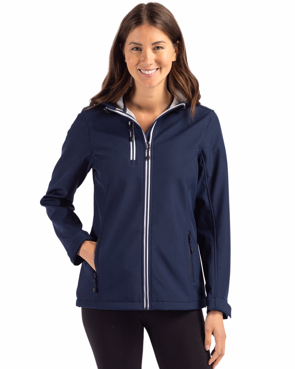Custom Clique Telemark Recycled Stretch Softshell Womens Full Zip Hooded Jacket — Dark Navy front
