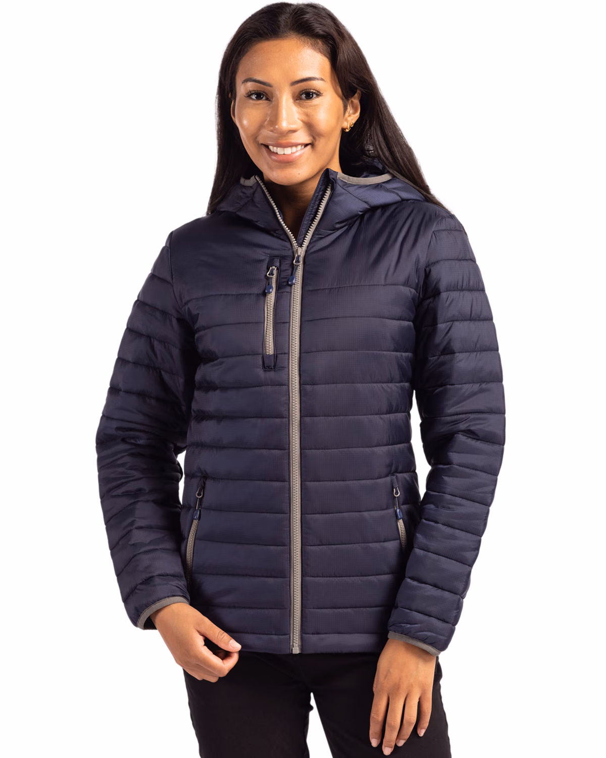 Custom Clique Valhalla Recycled Insulated Puffer Womens Full Zip Hooded Jacket — Dark Navy front