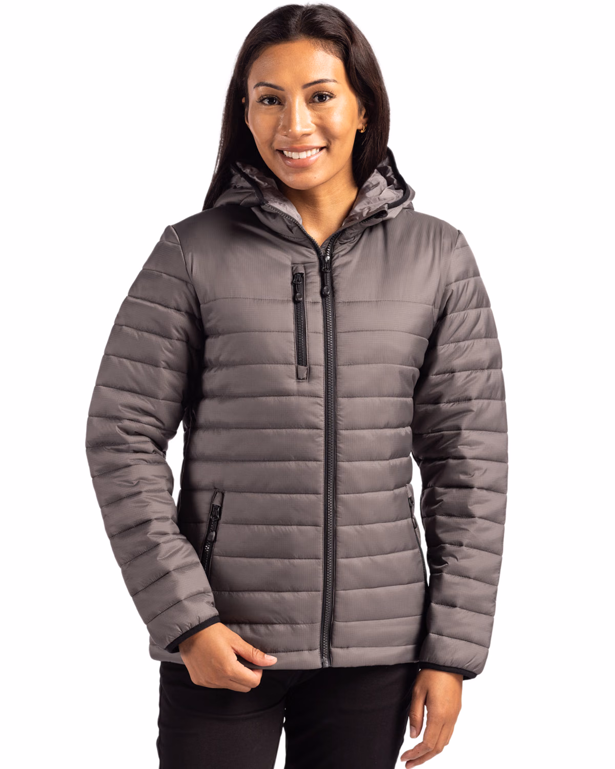 Custom Clique Valhalla Recycled Insulated Puffer Womens Full Zip Hooded Jacket — Pure Slate front