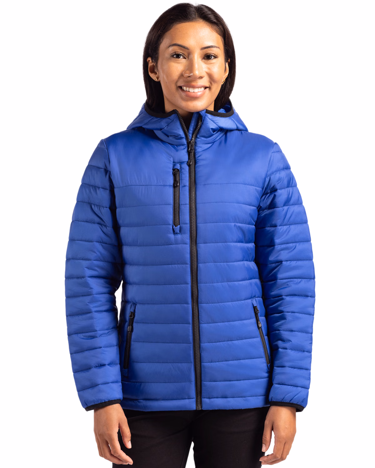 Custom Clique Valhalla Recycled Insulated Puffer Womens Full Zip Hooded Jacket — Royal Blue front