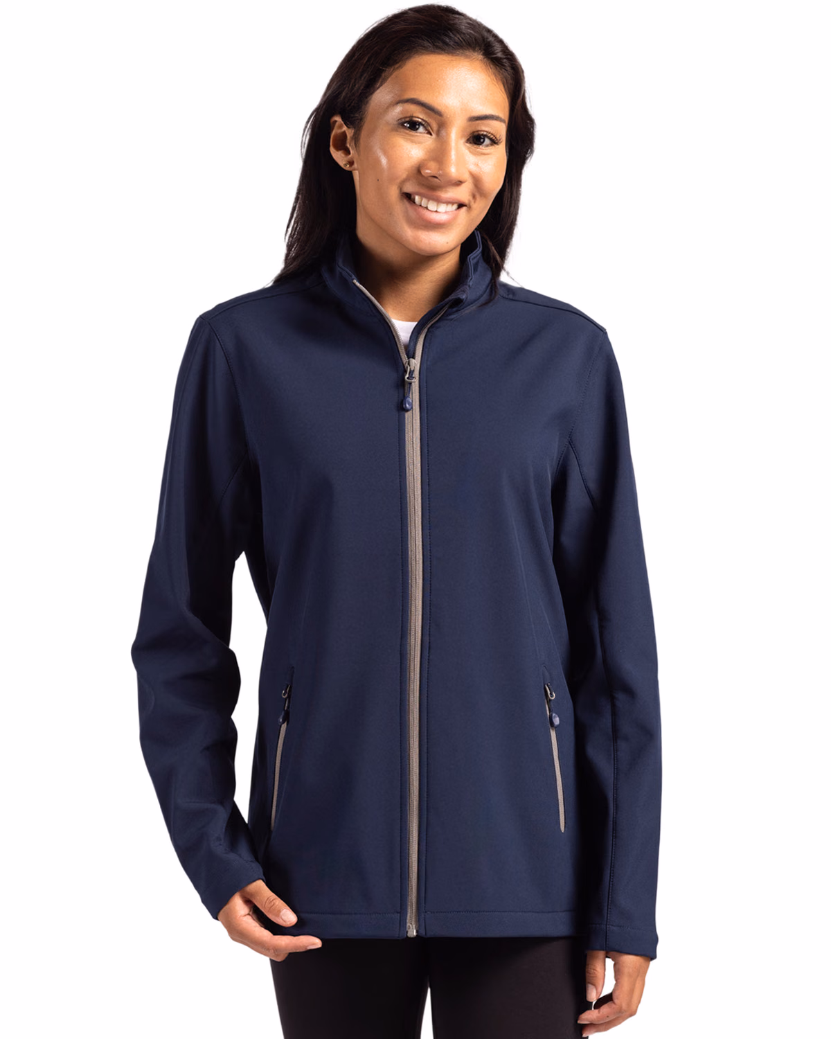 Custom Clique Tempo Recycled Stretch Softshell Womens Full Zip Jacket — Dark Navy/Pure Slate front