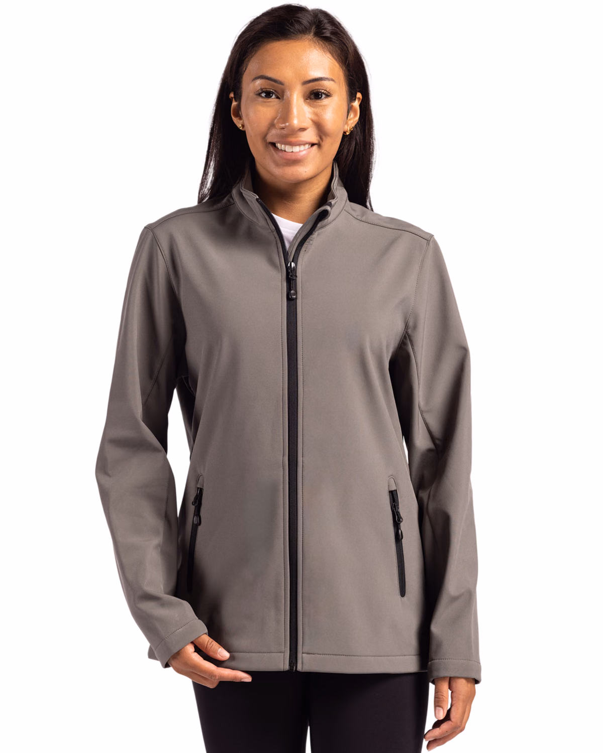Custom Clique Tempo Recycled Stretch Softshell Womens Full Zip Jacket — Pure Slate/Black front