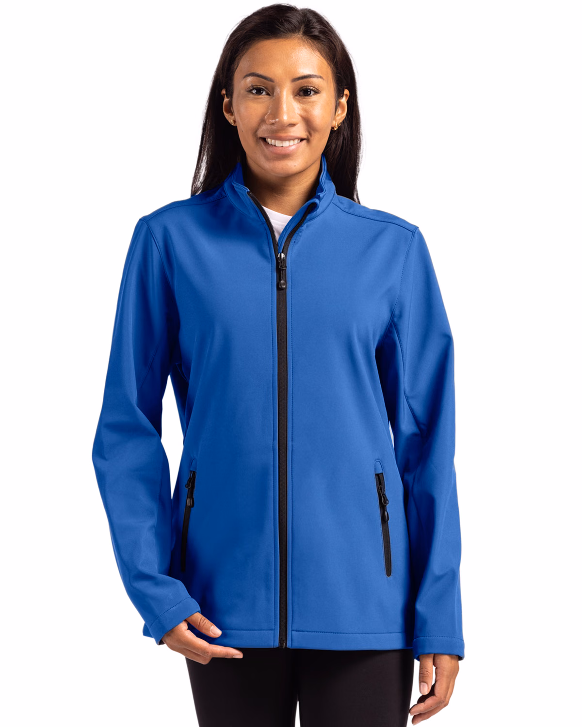Custom Clique Tempo Recycled Stretch Softshell Womens Full Zip Jacket — Royal Blue/Black front