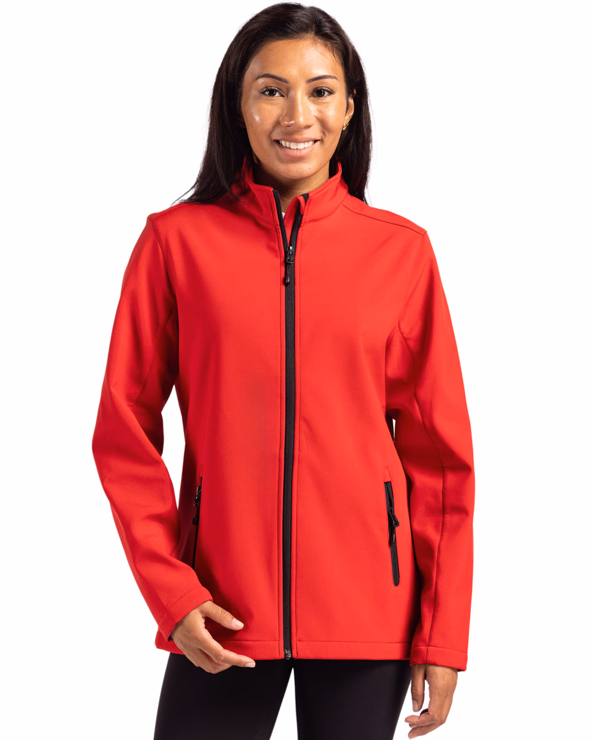 Custom Clique Tempo Recycled Stretch Softshell Womens Full Zip Jacket — Red/Black front