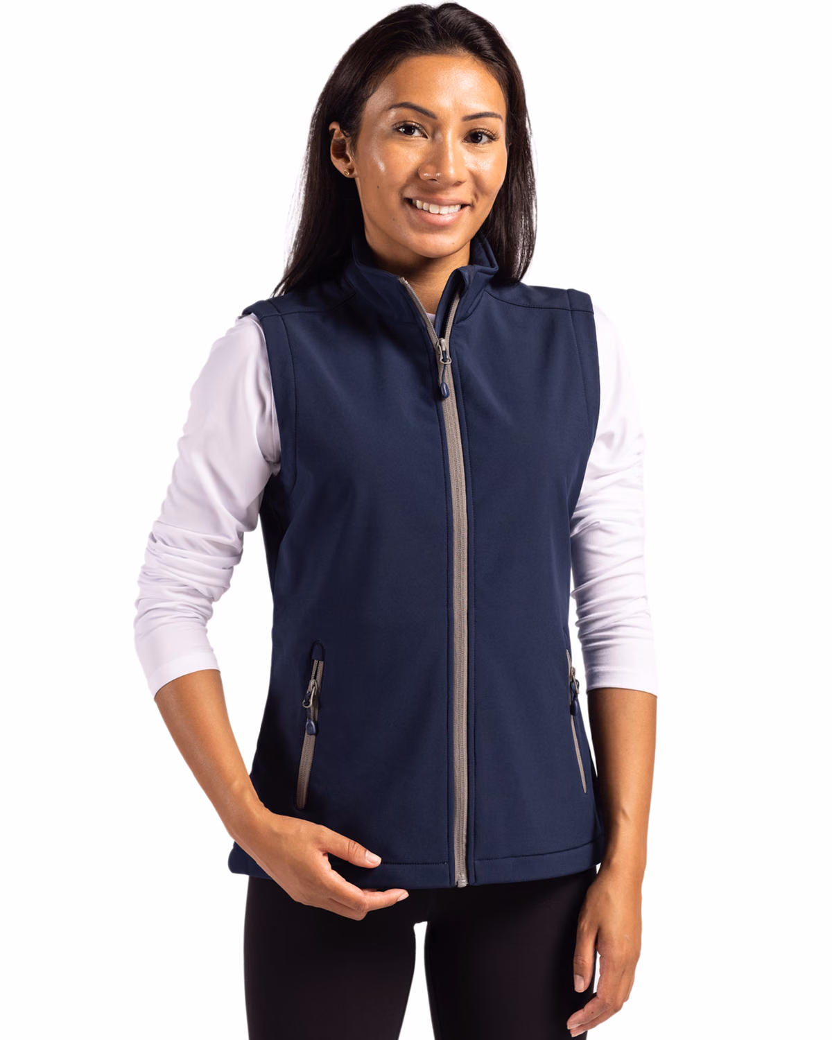 Custom Clique Tempo Recycled Stretch Softshell Womens Full Zip Vest — Dark Navy/Pure Slate front