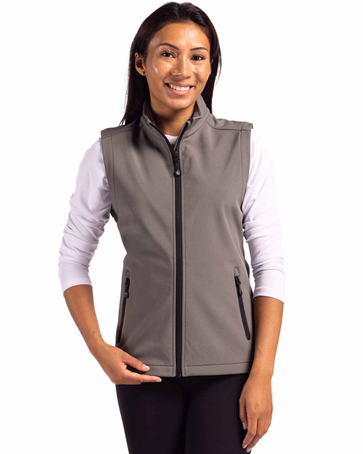 Custom Clique Tempo Recycled Stretch Softshell Womens Full Zip Vest — Pure Slate/Black front