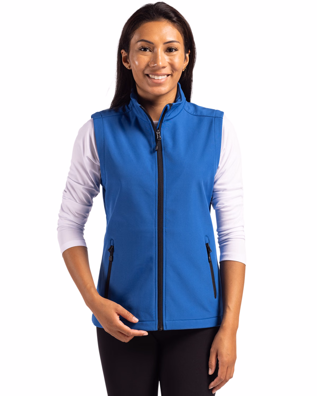 Custom Clique Tempo Recycled Stretch Softshell Womens Full Zip Vest — Royal Blue/Black front