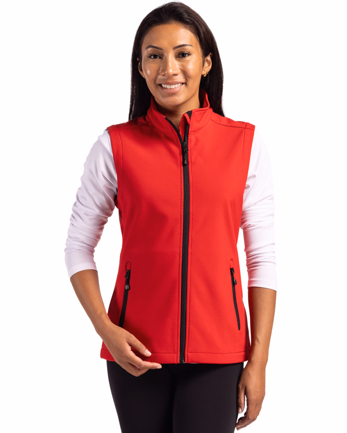 Custom Clique Tempo Recycled Stretch Softshell Womens Full Zip Vest — Red/Black front