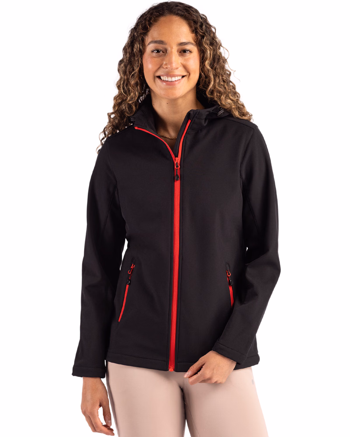 Custom Clique Tempo Recycled Stretch Softshell Womens Full Zip Hooded Jacket — Black/Red front
