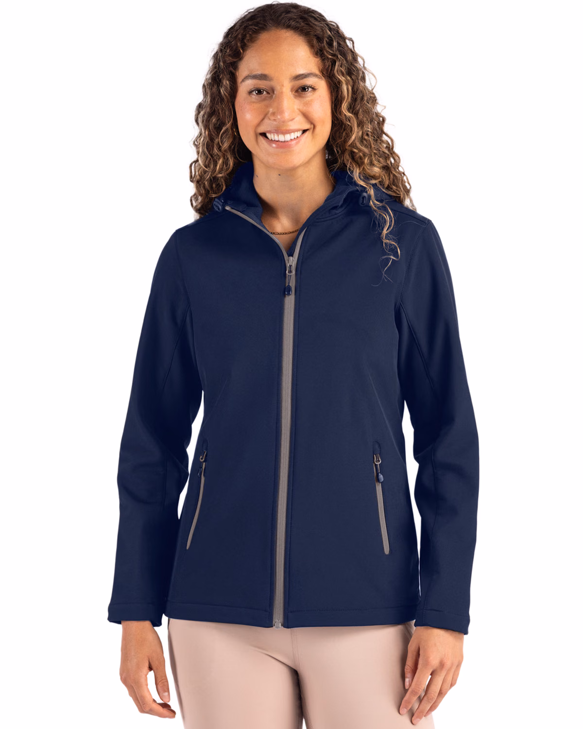 Custom Clique Tempo Recycled Stretch Softshell Womens Full Zip Hooded Jacket — Dark Navy/Pure Slate front
