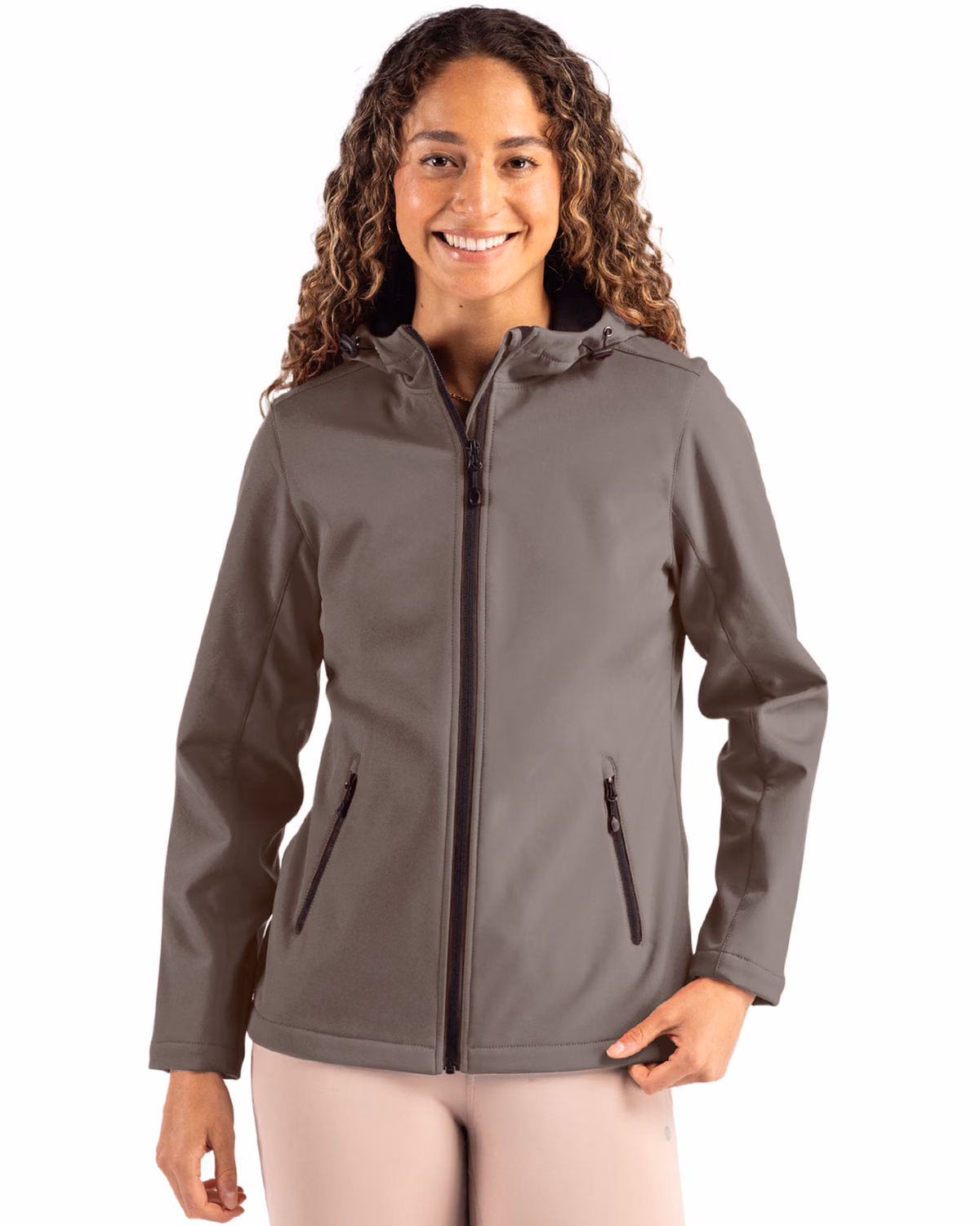 Custom Clique Tempo Recycled Stretch Softshell Womens Full Zip Hooded Jacket — Pure Slate/Black front