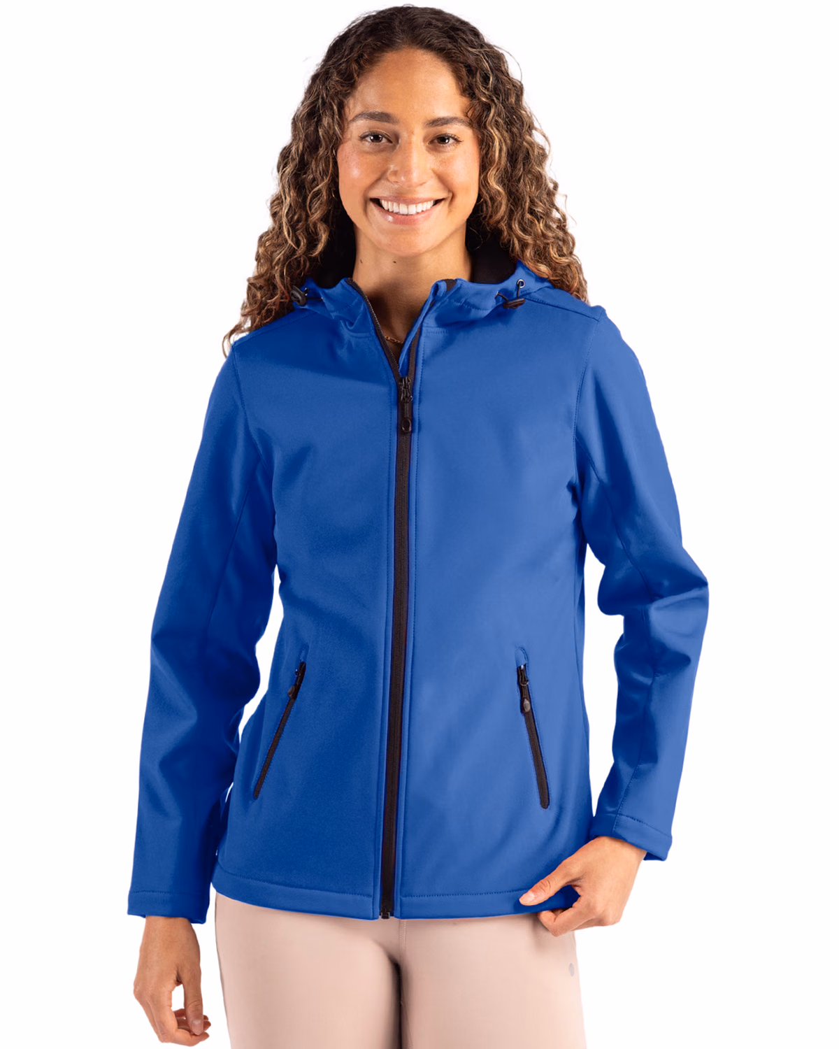 Custom Clique Tempo Recycled Stretch Softshell Womens Full Zip Hooded Jacket — Royal Blue/Black front